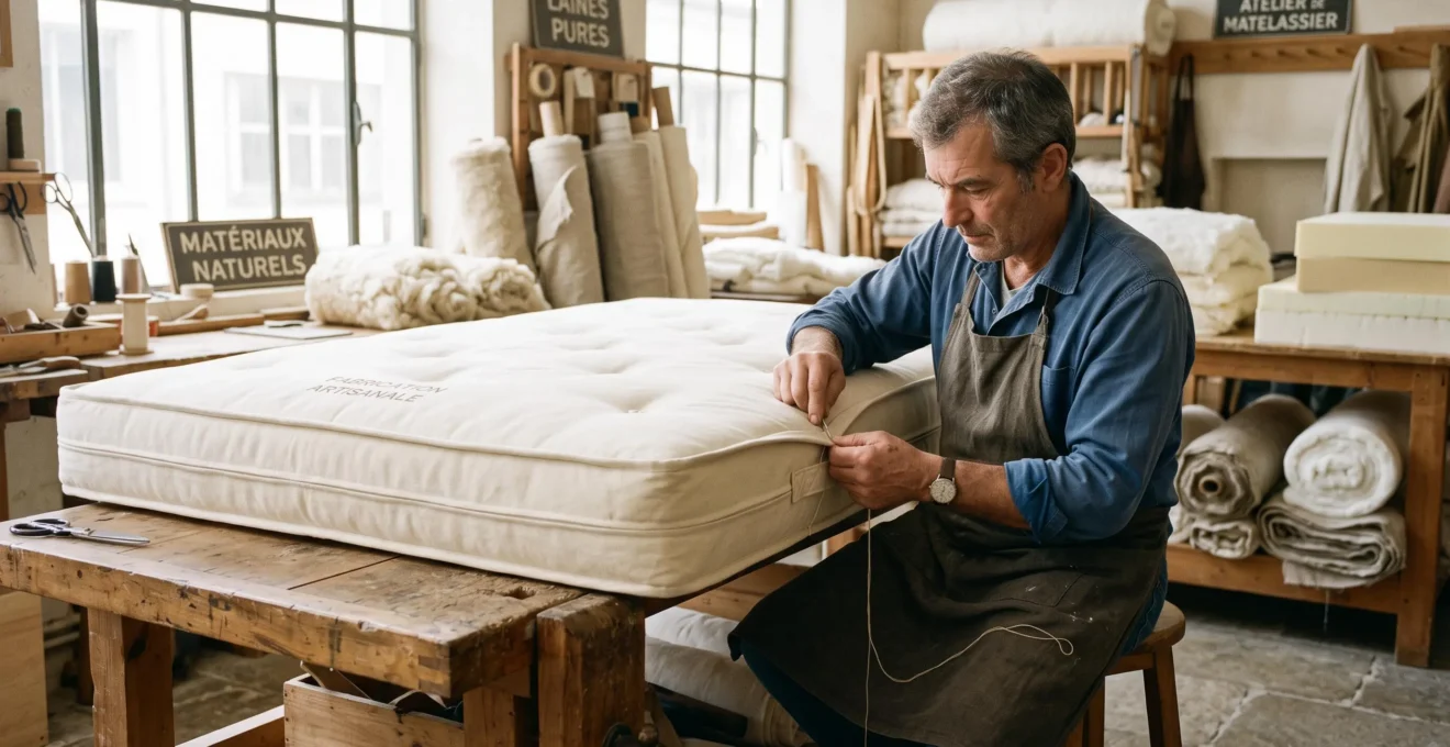Un fabricant de matelas français coud à la main la housse d'un matelas à ressorts ensachés dans son atelier.