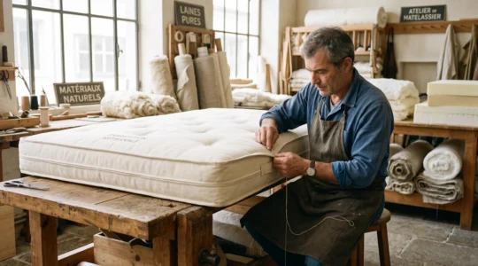 Un fabricant de matelas français coud à la main la housse d'un matelas à ressorts ensachés dans son atelier.