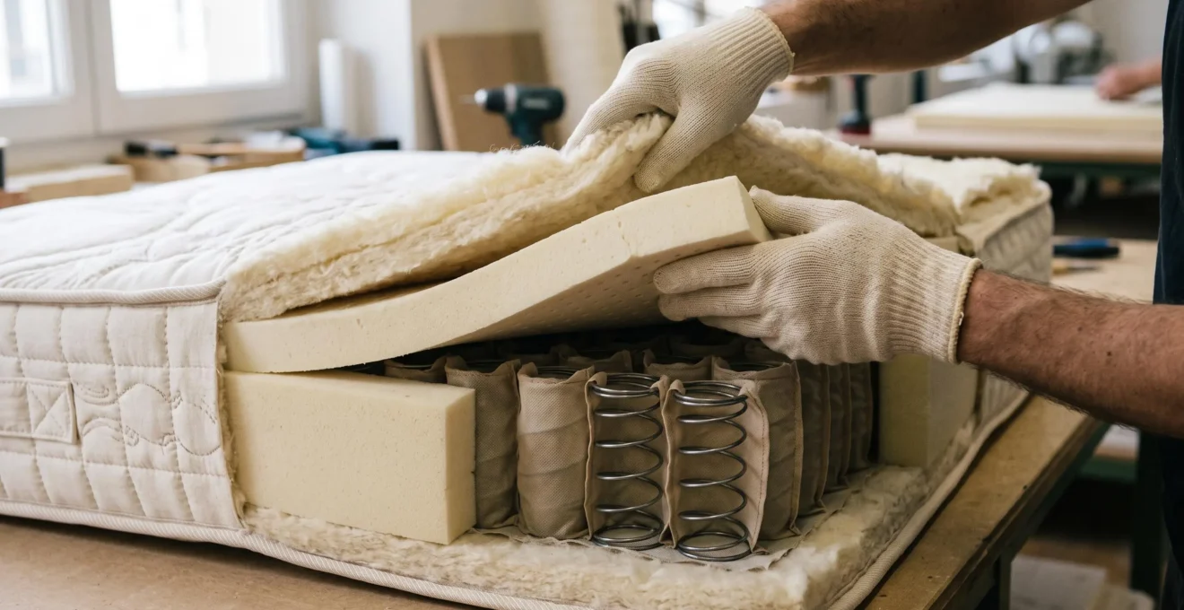 Gros plan sur les couches d'un matelas ouvert montrant le latex naturel, la laine et les ressorts ensachés.